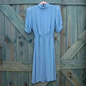 Vintage 80s Sheer Dress Blue Puffy Sleeve Pleated Size Small 4 5 6
